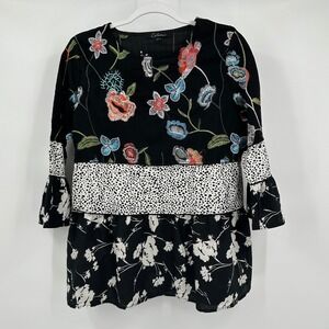 Womens Eclectic Boho Embroidered Mixed Print Top Size PM Cottagecore Indie Artsy